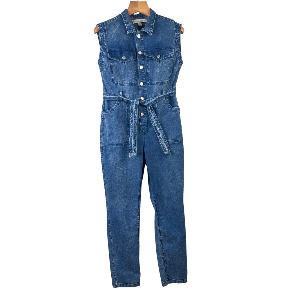 Est. 1946 Blue Denim Button Jumpsuit Tie Sash‎ Sleeveless Tapered Leg Women's 12